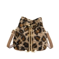 Leopard print plush bucket bag with golden chain drawstring and pearl accents - Brown Lamb Wool