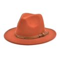 Detail of caramel fedora hat featuring a brown leather band with metal rivets and buckle - M (56-58cm) / Caramel color