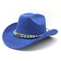 Detail of blue faux suede cowboy hat with braided rope, turquoise beads and vintage buckle - M (56-58cm) / Sapphire Blue