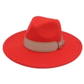 Detail of red wide-brim fedora hat featuring a tan leather belt and metal buckle - Orange Red