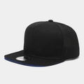 Detail view of black snapback hat with blue brim piping and silver round sticker - Black with Blue Trim