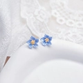 Minimalist flower stud earrings with blue petals and yellow center on a white tray - No.60 Blue Resin Flower Cluster