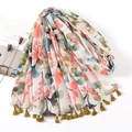 Floral print cotton linen scarf with ginger yellow tassels and bohemian patterns - Red Impressionist Floral (XB835)