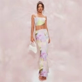 Two-piece pleated floral crop top and maxi skirt set with marble print for women - S / Pink Purple Print