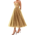 Elegant gold glitter camisole dress featuring a corset bodice and voluminous A-line skirt - US size 2 (S) / Top And Bottom / Gold