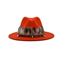 Detail of red fedora hat featuring real feathers, ethnic woven band and metal pendant - M (56-58cm) / Orange Red
