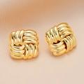 Polished gold woven square stud earring on elegant silk fabric background - Woven Square Style (6269601HB)