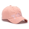 Close-up of pink distressed baseball cap featuring 3D TO embroidery and torn brim details - Pink (Style H)