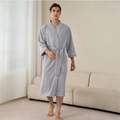 Men's light grey waffle weave bathrobe with white piping and belted waist - Silver Gray (Men)