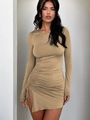 Slim fit long sleeve khaki drawstring mini dress with side ruching and round neck design - S / Khaki