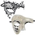 Dettagli della maschera in metallo nero tagliata al laser e maschera argento vintage - Set (Nero Traforato Strass + Argento Bianco Scacchiera Mezza Faccia)