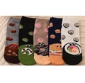 Five pack of funny food pattern cotton socks featuring sushi, donuts, and burgers - One Size / Mixed Color Set (F197)
