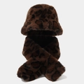 Detail showing soft leopard print faux fur texture on bucket hat and scarf set - Dark Brown Large Leopard Print Hat & Scarf Set