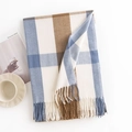Blue and caramel plaid scarf with fringe, cozy cashmere-like wrap in winter style - Smoky Blue