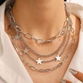 Vintage silver multi-layer necklace with star pendant and various chain styles for women - Silver Tone 3-Layer Star Pendant Set (03 White Gold Tone Star 8541)