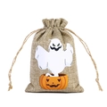 Burlap Halloween drawstring gift bag featuring a cartoon ghost and pumpkin design - Ghost