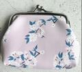 Pink PU leather coin purse with white cherry blossom pattern and silver metal clasp - 1001-3 White Plum