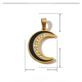 Macro view of gold crescent moon pendant with black enamel and dimensions 33mm by 20mm - YE725-Gold Black Crescent