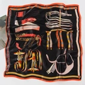Elegant black silk square scarf featuring orange and red horse harness print patterns - Black Saddle