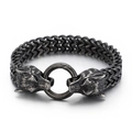 Retro double wolf head titanium steel bracelet with vintage silver braided link chain - 22cm(KB144487-KFC) / Matte Black