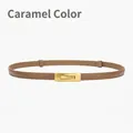 Adjustable caramel genuine leather skinny belt for women with elegant gold metal buckle - Caramel color