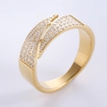 Anillo dorado ajustable con tres filas de circonitas blancas y estilo minimalista - US 6 / Dorado