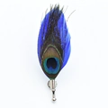 Vibrant blue peacock feather brooch with metallic pin clasp on white background - Dark Blue