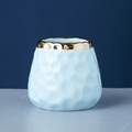 Light blue ceramic storage jar with textured surface and gold rim for fruit forks - Blue - Embossed Hammered Ceramic Jar