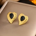 Vintage gold heart studs with black turquoise inlay and twisted rope edge details - Gold Black Turquoise E-243