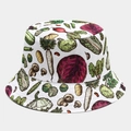 Detail of white cotton bucket hat with colorful hand-painted vegetable print texture - White Base Full Vegetable Print (20# Color)