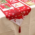 Red Christmas table runner with reindeer pattern, snowflakes, and festive tassels - Model G-Red Christmas Tree Elk Tassel