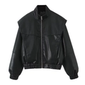 Veste en cuir PU noir pour femme avec col montant et fermeture éclair, style motard chic 2025 - S / Noir