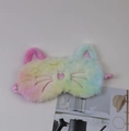 Macro detail of rainbow plush eye mask featuring embroidered cat face and soft 3D ears - Colorful Calico Cat