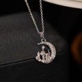 Silver crescent moon castle necklace pendant with purple gemstone and white zircon stones - Steel Color Moon Castle Necklace