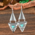 Detail of bohemian turquoise drop earrings with vintage silver ethnic engraving - Double Layer Triangle (HQEF-1965)