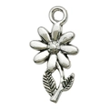 Ciondolo a fiore in argento antico con stelo e foglia per creazione gioielli DIY - Piccolo Fiore con Stelo 9x19mm