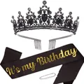 Birthday Queen set featuring black rhinestone crown and black sash with gold lettering - Black Birthday Set (It's my Birthday)