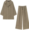 Mosgroene linnen set met shirt met lange mouwen en bijpassende wijde broek met trekkoord - XS / Top En Broek / Khaki