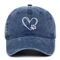 Vintage washed denim blue baseball cap with white heart and paw embroidery detail - Adjustable / Navy Blue