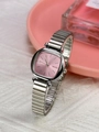 Women's square silver quartz watch with pink dial and flexible expansion strap - Silver / Pink Dial