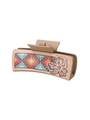 Brown western cowboy hair claw clip with colorful mosaic pattern and embossed flowers - Camel Mosaic Flower Style (90170)