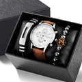 Macro detail of men's Geneva watch set with leather strap and beaded crown bracelets - Simple White Dial Brown Strap Set A08618-3 (Watch And Bracelets)