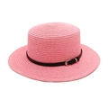 Detail of pink straw boater hat with a black leather band and gold buckle accent - M (56-58cm) / Deep Pink