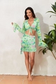 Floral bikini set with flared sleeves and ruffle skirt against a minimalist wall - S / Green