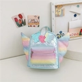 Light blue laser texture kids backpack with rainbow wings and glittery heart details - Blue