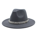 Close-up of a grey wool fedora hat featuring a sparkling rhinestone band and silver M badge - M (56-58cm) / Dark Gray