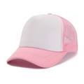 Detail view of pink and white mesh trucker hat with adjustable strap and curved brim - One Size / Pink + White