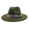 Close-up of deep green wool fedora hat with purple ribbon and crystal buckle detail - Army Green