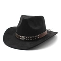 Chapeau de cow-boy noir à large bord avec bande en cuir marron et boucle argentée - Suède / Noir