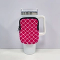 Detail view of pink clover neoprene pouch with zipper on a 40oz insulated tumbler handle - No. 5 Red White Floral Frame